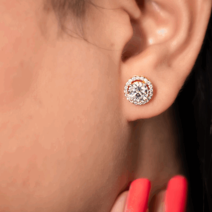 Avarta Gold 80 Cents Each Lab Grown Halo Solitaire Stud Earrings - Image 4
