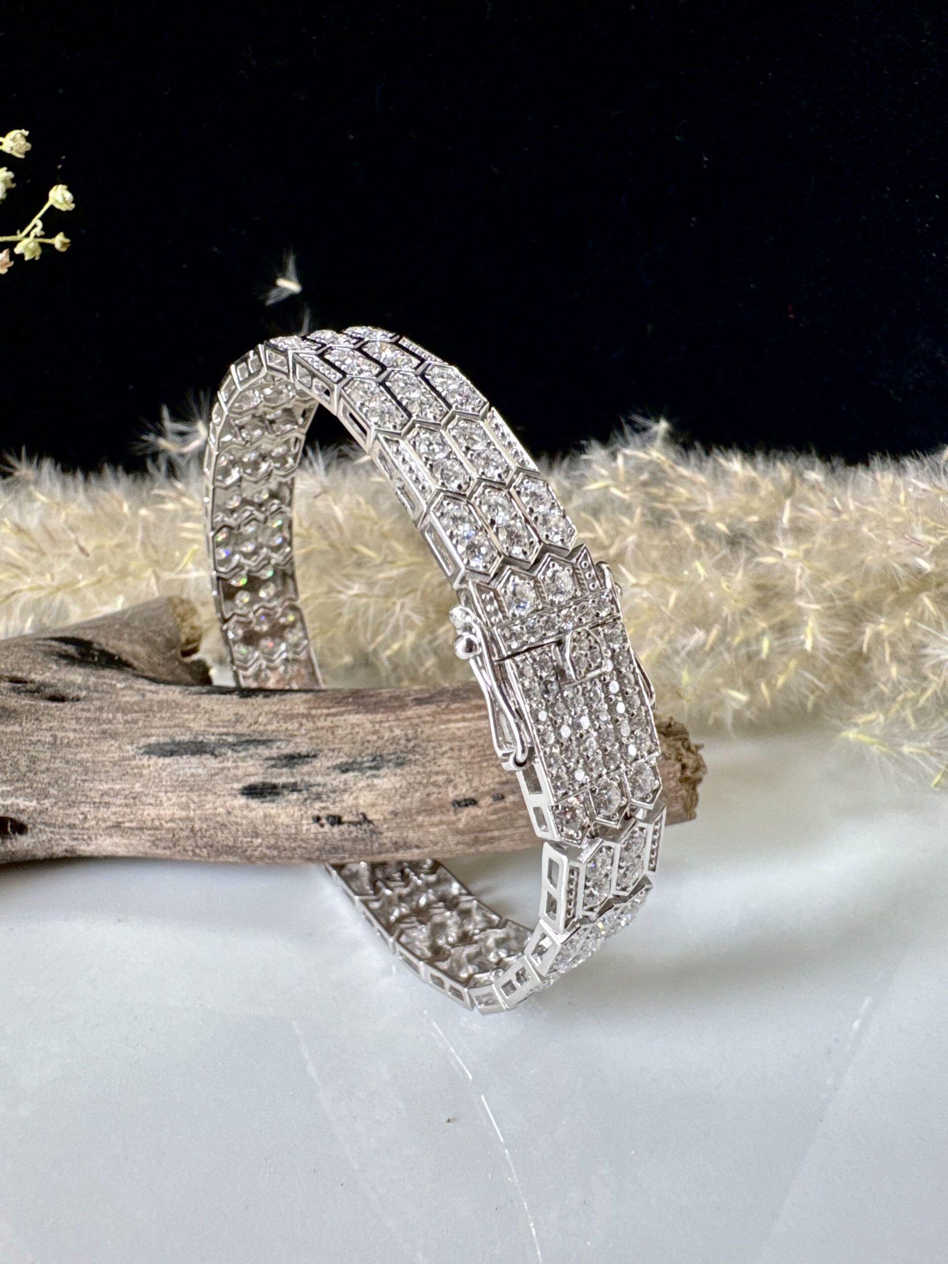 Luxury hexagon diamond bracelet in sterling silver with moissanite stones and white gold rhodium plating